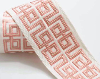 Knight&#39;s Labyrinth petal pink Embroidered Linen Greek Key Border Tape Trim