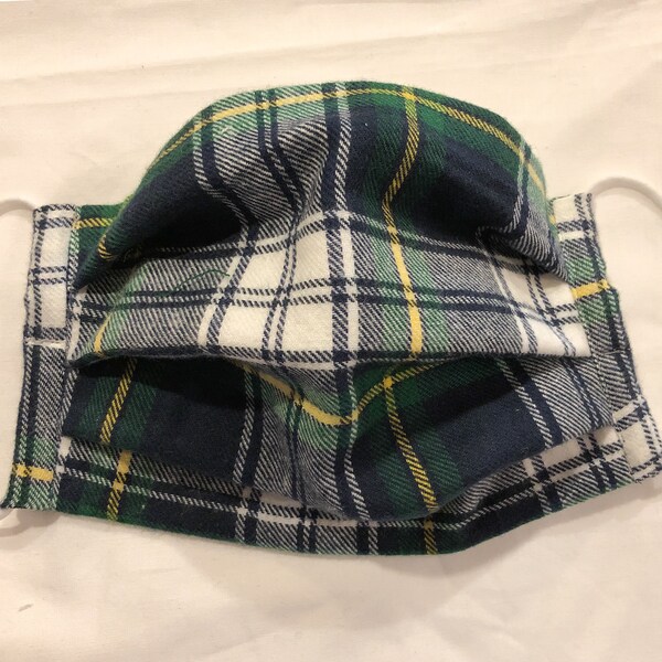 Navy and Green Tartan Flannel Face Mask, washable with optional nose bridge