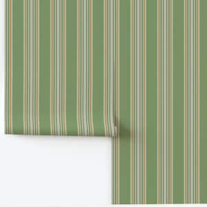 May include: Green wallpaper with vertical stripes in shades of green, beige, and orange. The wallpaper is partially unrolled, revealing the pattern. The bottom right corner of the image displays the text "DesignNash.Etsy".