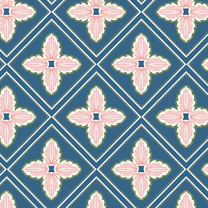 May include: A repeating pattern featuring stylized pink floral designs with green and white accents set against a deep blue background. The flowers are enclosed within white diamond shapes, creating a geometric and floral design.