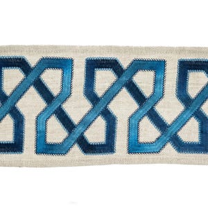 May include: Decorative fabric trim featuring a repeating geometric pattern in shades of blue on a neutral background. The design has a textured appearance with embroidered details, suitable for various craft projects.