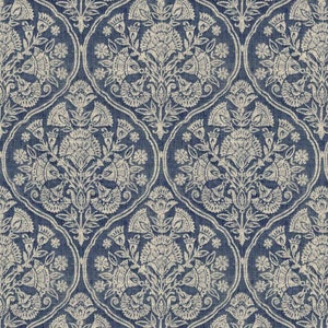 May include: A fabric featuring a repeating damask pattern in deep navy blue and off-white. The design consists of intricate floral and botanical motifs enclosed within scalloped circular frames. The text DesignNash Etsy is visible.