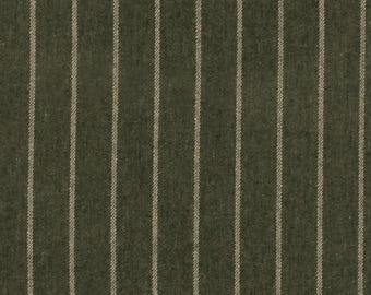 May include: Close-up of a dark green fabric with vertical, thin, light beige stripes. The pinstripe pattern is evenly spaced across the textile. The fabric has a textured appearance, suggesting a woven material. The design is suitable for apparel or home decor.
