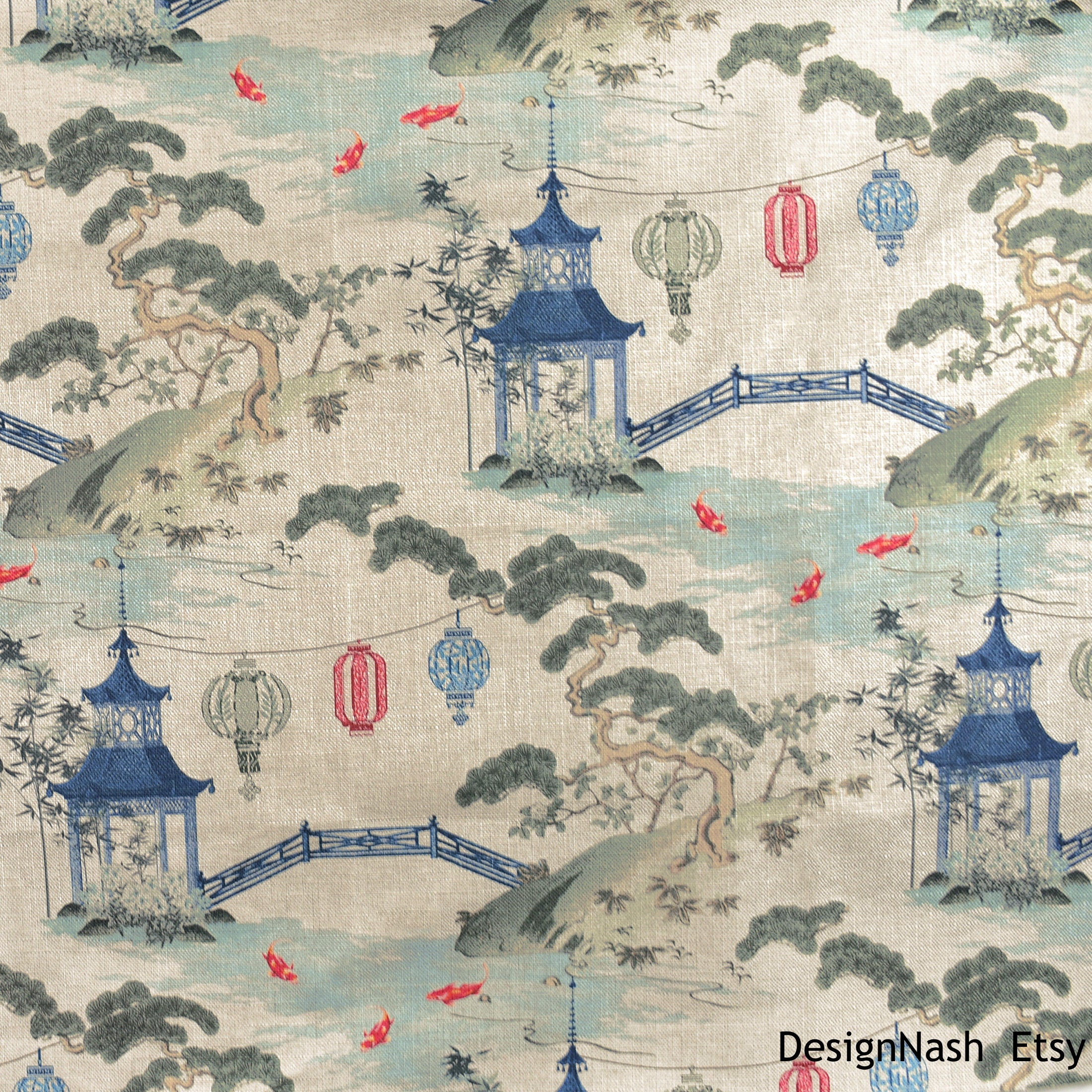 Chinoiserie Toile Pewter Asian Home Decor Fabric - Rich Tex