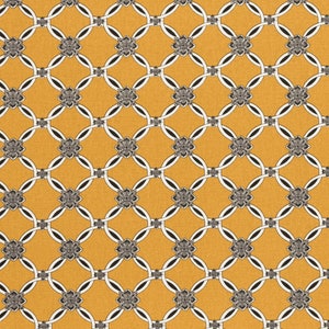 May include: A seamless pattern featuring a repeating geometric design. The pattern is made up of interlocking circles and squares in black and white on a yellow background.
