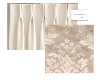 May include: Close-up of a beige fabric with a white damask pattern. The fabric is shown next to a white curtain with pleats. The text "DESIGNNASH Etsy" is visible in the top right corner of the image.