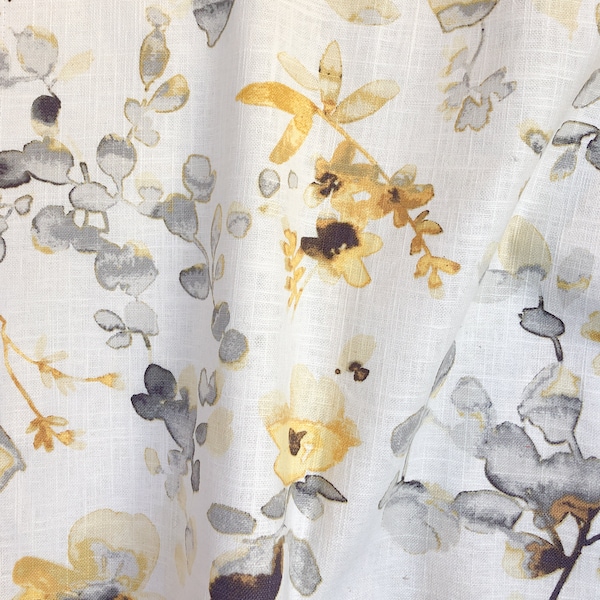 Woodland Air Watercolor Botanical yellow and grey Linen Blend Fabric for Draperies and Home Decorating