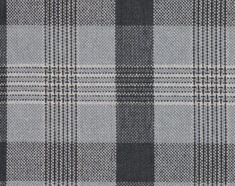 May include: A close-up of a gray and white plaid fabric with a subtle woven texture.