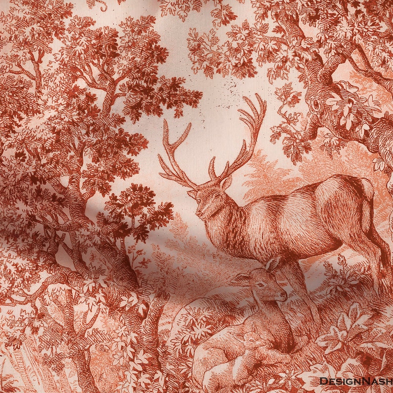 K&ouml;nnte beinhalten: Eine Vintage-Illustration eines Rothirsches und zweier Rehe in einer Waldlandschaft. Das Bild ist in Rot- und Braunt&ouml;nen auf wei&szlig;em Hintergrund gedruckt.