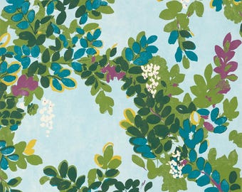 Through the Leaves pastel blue, green, lilac Wallpaper