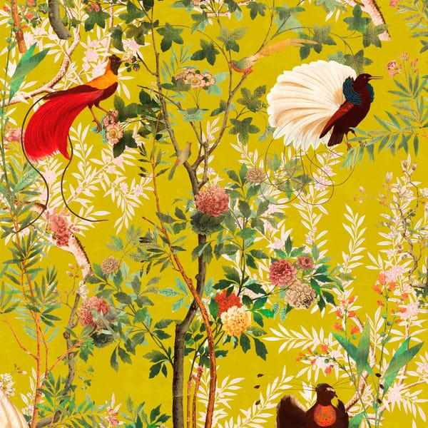 Birdsong in Paradise Velvet citrine green Fabric for Home Decorating, Drapery, and Upholstery
