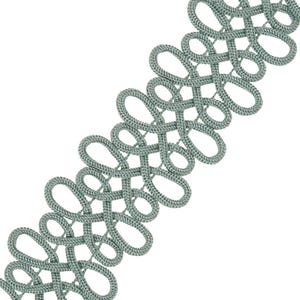 May include: A length of decorative trim in a muted teal color. The trim features a repeating pattern of intertwined loops, creating a textured, openwork design. The trim is likely used for edging or embellishing fabric items.