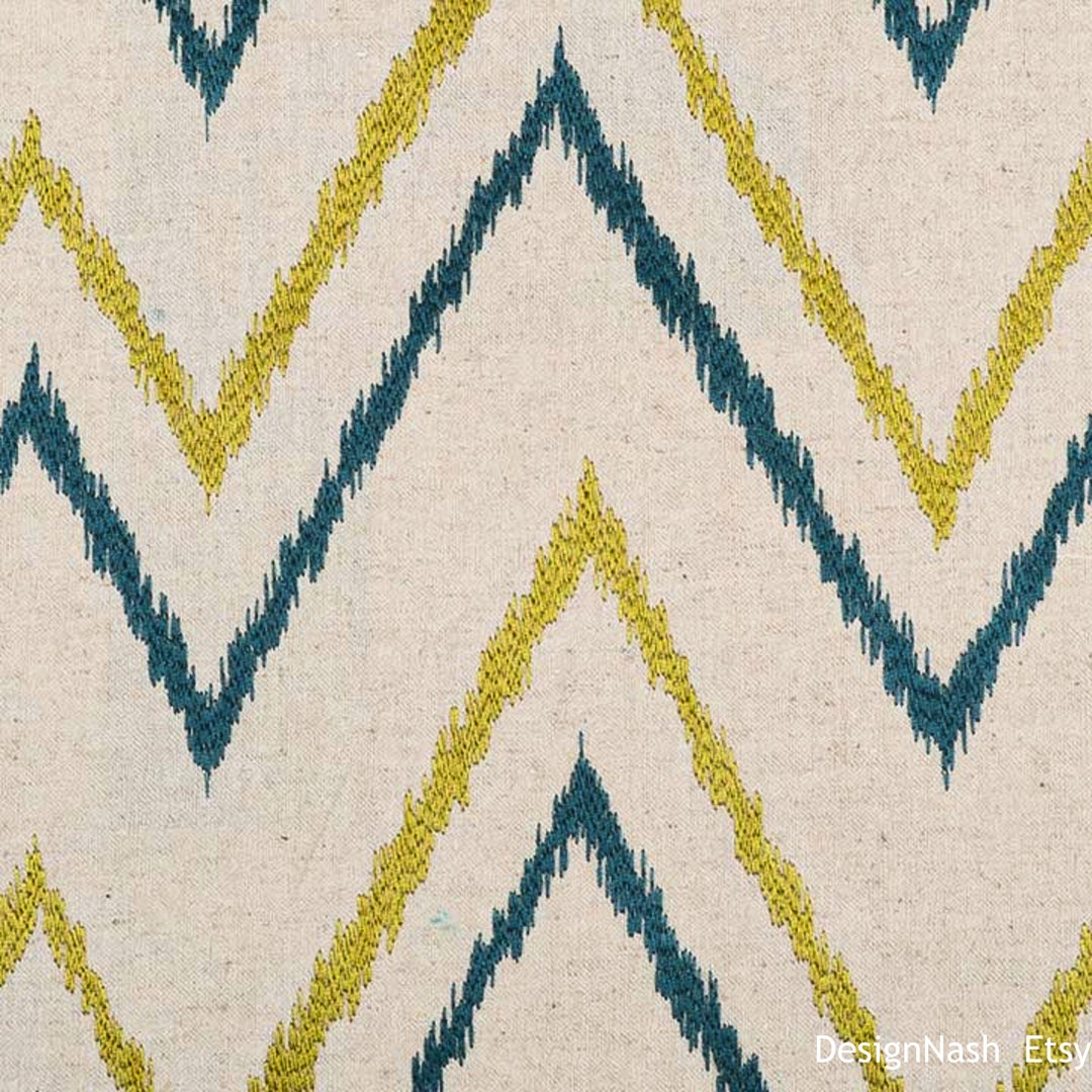 Newbury Street Embroidered Chevron Teal and Chartreuse Fabric for Home