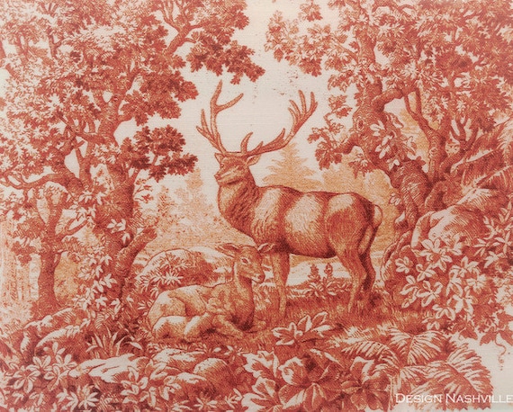 Cinnabar-Copper  Deer in the Woodland Toile Fabric for Home Decorating and Upholstery