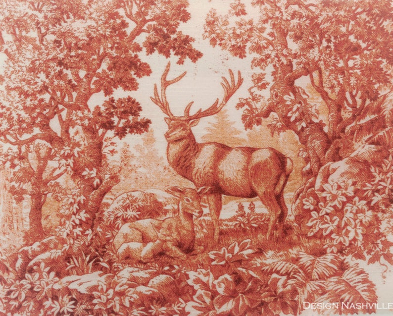K&ouml;nnte beinhalten: Eine rote und wei&szlig;e Vintage-Illustration eines Hirsches und eines Rehs in einer Waldlandschaft. Das Bild ist auf einem strukturierten Hintergrund gedruckt.