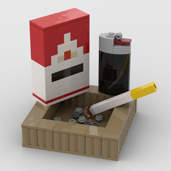 Cigarette Pack with Lighter, and Cigarette on Ashtray. A fun, unique, full-scale model replica build with original LEGO® Bricks