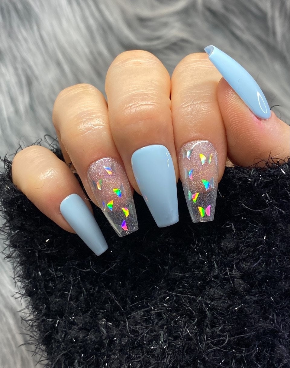 Butterfly Nails Blue Nails Pretty Nails Press On Nails Etsy Uk