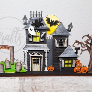 Handmade Halloween Haunted House Set: Tiered Tray Decor