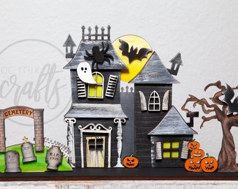 Handmade Halloween Haunted House Set: Tiered Tray Decor