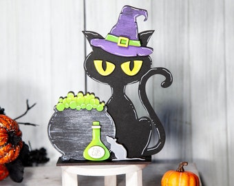Handmade Halloween Cat Shelf Sitter: Witch Cauldron Spooky Decor
