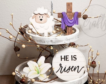He is Risen Easter Tiered Tray Decor, Festive Easter Mantle Decor, Easter Mini Wooden Signs, Religious Easter Tiered Tray Bundle