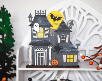 Halloween Haunted House, Tiered Tray decor, Small Haunted House, Halloween 3D decor, Halloween set of standing haunted houses