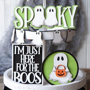 Ensemble de décoration de plateau à plusieurs niveaux pour Halloween : enseignes en bois fantômes et fantasmagoriques