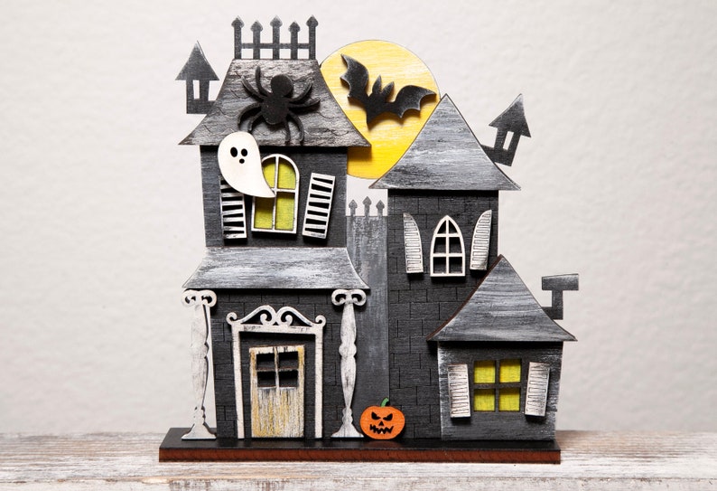 Standing Halloween Haunted House, Tiered Tray decor, Haunted House collection, Halloween 3D decor, Halloween set of standing haunted houses Black house #1