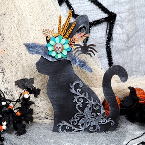 Black Cat Witch Hat Halloween Cat Witch Decor  Wood Standing Black Cat Hand Painted Wood Mantel Shelf Desert Table Decoration