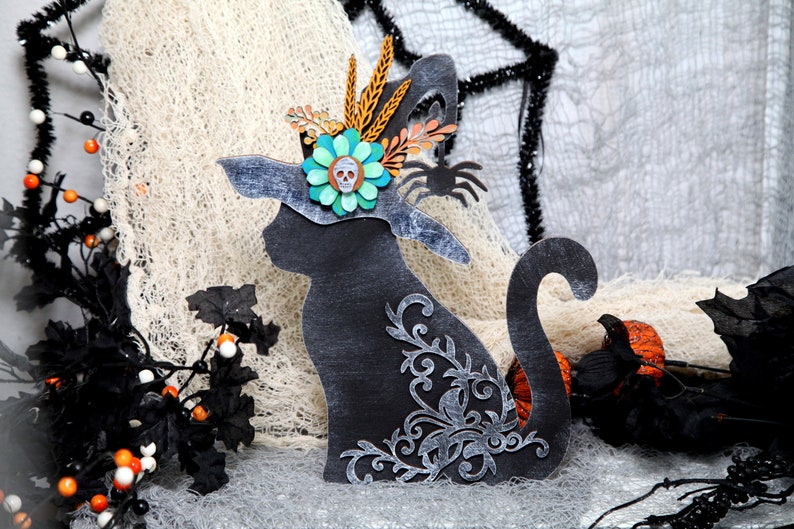 Black Cat Witch Hat Halloween Cat Witch Decor  Wood Standing Black Cat Hand Painted Wood Mantel Shelf Desert Table Decoration