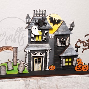 Standing Halloween Haunted House, Tiered Tray decor, Haunted House collection, Halloween 3D decor, Halloween set of standing haunted houses image 8