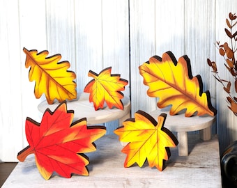 Hand-Painted Wooden Fall Leaves Decor – Chunky Shelf Sitters