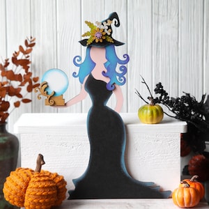Witch With Crystal Ball Shelf Sitter  - Handmade Halloween Decor