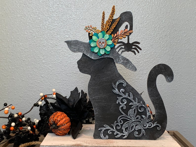 Black Cat Witch Hat Halloween Cat Witch Decor  Wood Standing Black Cat Hand Painted Wood Mantel Shelf Desert Table Decoration