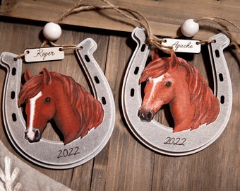 Custom Horse Personalized Christmas Ornament - Hand-painted Portrait for Horse Lovers, Horseshoe Design - Horse Lover Gift