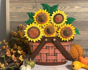 Festive Sunflowers Basket Sign - Hand Painted Thanksgiving Farmhouse Decor - Handcrafted Harvest Accent