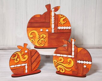 Wooden Fall Pumpkin Trio: Hand-Painted Thanksgiving Decor