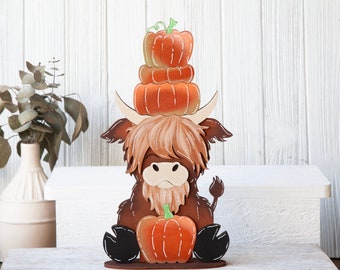Highland Cow Shelf Sitter with Stacked Pumpkins - Handcrafted Farmhouse Accent Piece