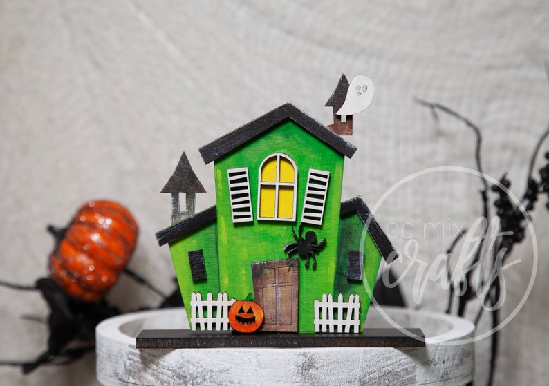 Standing Halloween Haunted House, Tiered Tray decor, Haunted House collection, Halloween 3D decor, Halloween set of standing haunted houses Green house #1