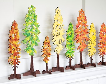 Hand-Painted Autumn Wood Tree Decor: Thanksgiving Mantel Decoration