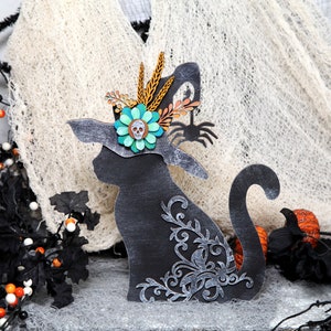 Black Cat Witch Hat Halloween Cat Witch Decor  Wood Standing Black Cat Hand Painted Wood Mantel Shelf Desert Table Decoration