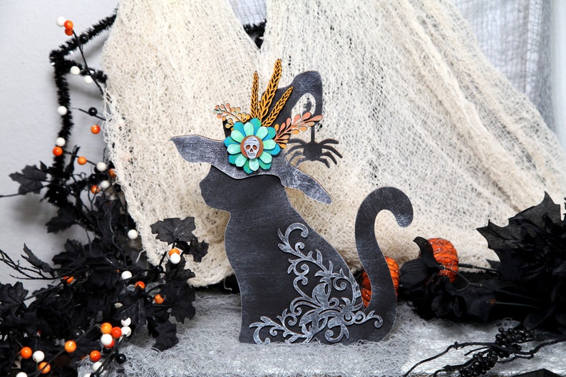 Black Cat Witch Hat Halloween Cat Witch Decor  Wood Standing Black Cat Hand Painted Wood Mantel Shelf Desert Table Decoration