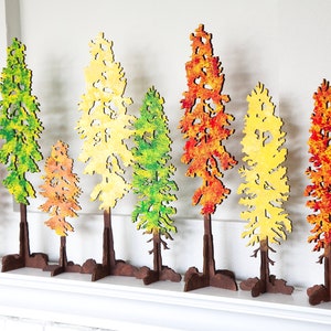 Decorative Freestanding Wood Trees in Various Sizes - Hand-Painted Autumn Decor for Mantel or Tabletop