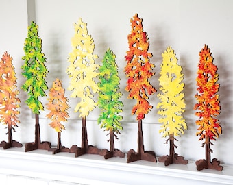 Decorative Freestanding Wood Trees in Various Sizes - Hand-Painted Autumn Decor for Mantel or Tabletop