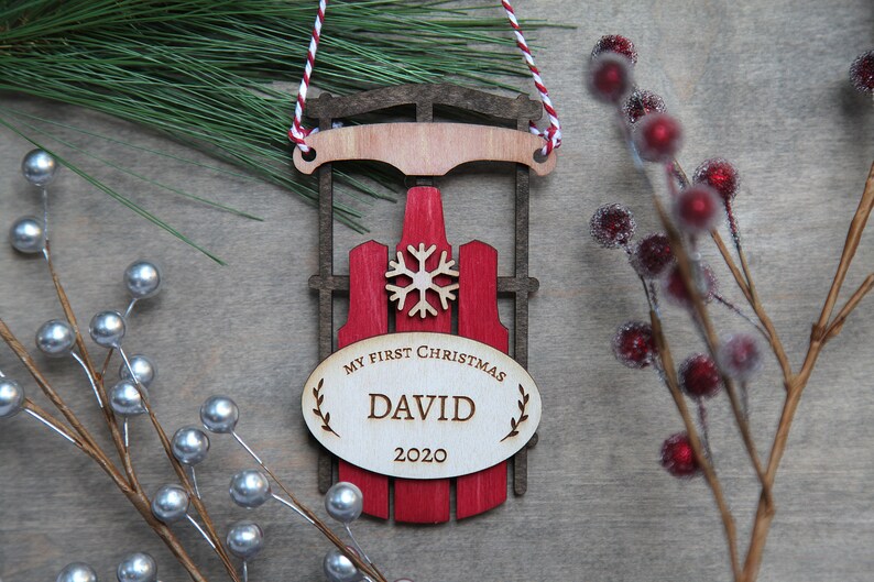 Personalized Baby First Christmas Ornament Vintage Sled Etsy