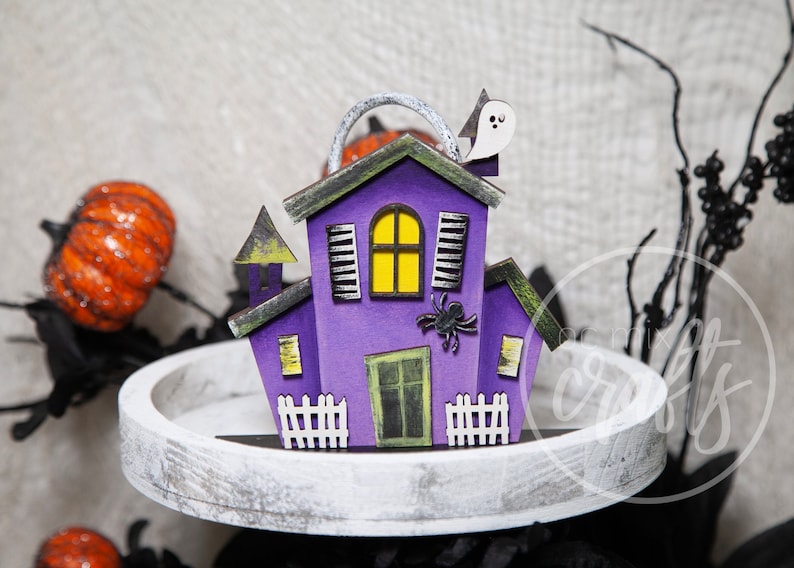 Standing Halloween Haunted House, Tiered Tray decor, Haunted House collection, Halloween 3D decor, Halloween set of standing haunted houses image 7