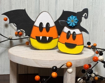 Candy Corn Witch & Bat Decoration: Whimsical Handcrafted Halloween Wood Figurine