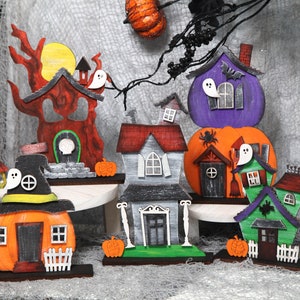 Halloween Set of Standing Haunted Houses, Hand painted Pumpkin House and Tree House