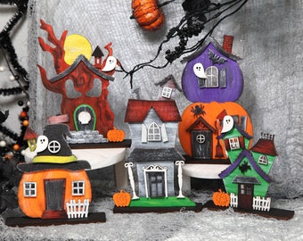 Halloween Set of Standing Haunted Houses, Hand painted Pumpkin House and Tree House