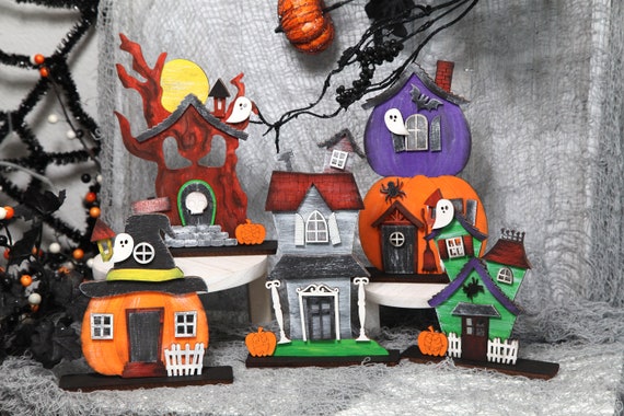 Halloween Set of Standing Haunted Houses, Hand painted Pumpkin House and Tree House